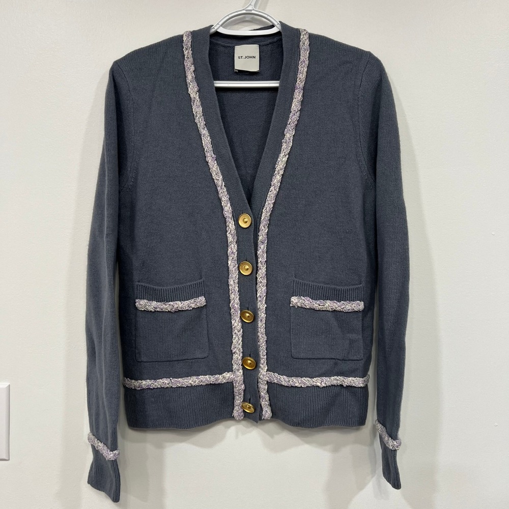 St. John Womens Blazer Jacket Small Wool Cashmere Gray Button Tweed Designer